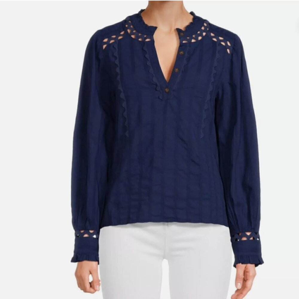 NWT Women's Sam Edelman women split v-neck scalloped cotton navy vida top, XS
